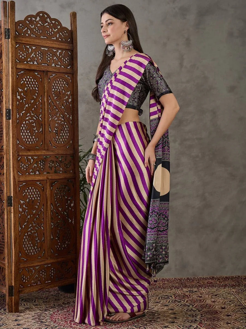 Purple Semi Modal Saree With Blouse Piece - EZBER