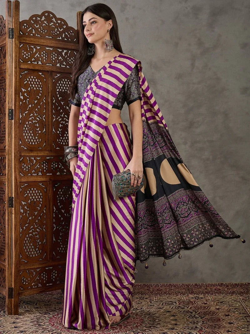 Purple Semi Modal Saree With Blouse Piece - EZBER