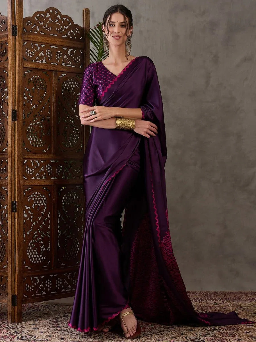 Purple Semi Modal Saree With Blouse Piece - EZBER