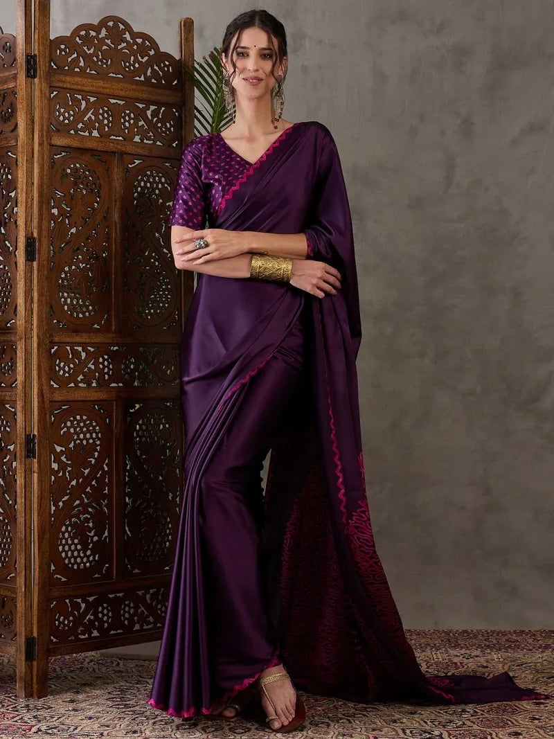 Purple Semi Modal Saree With Blouse Piece - EZBER