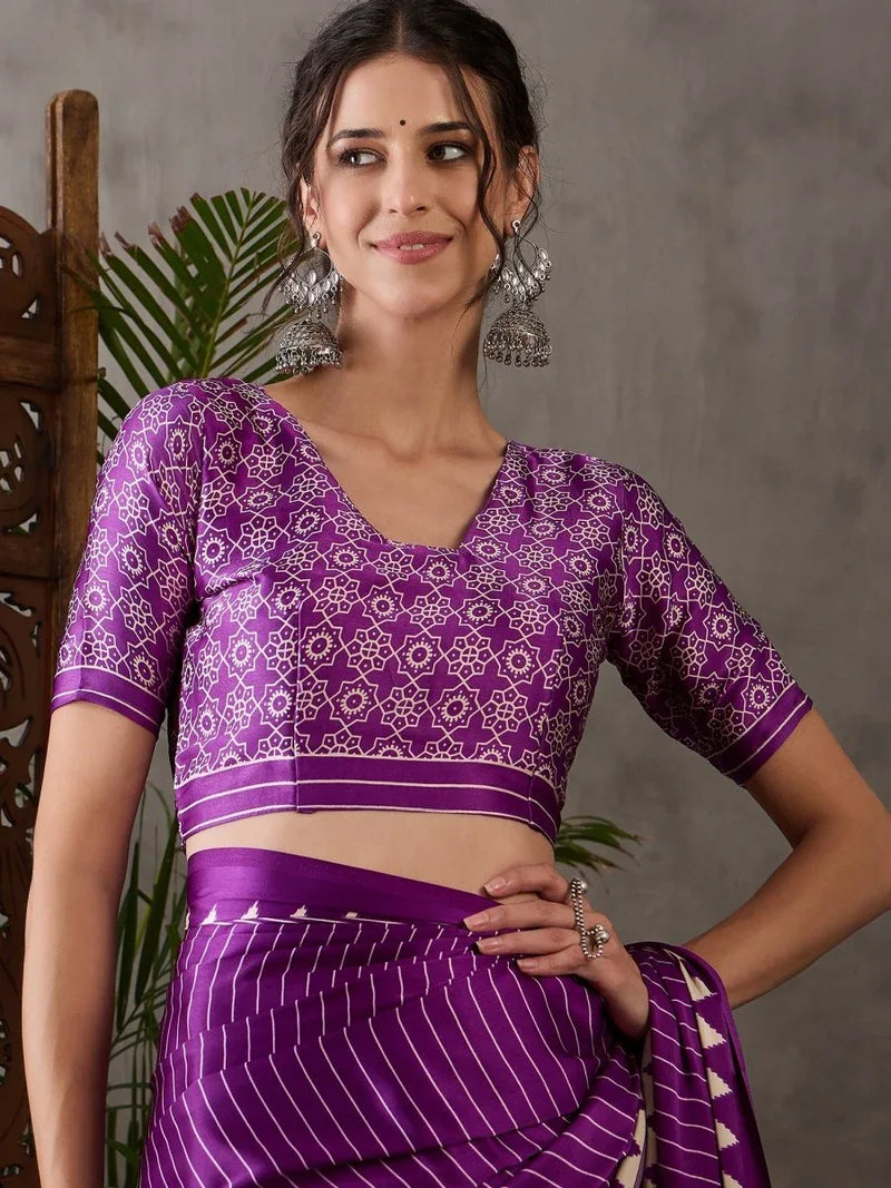 Purple Semi Modal Saree With Blouse Piece - EZBER