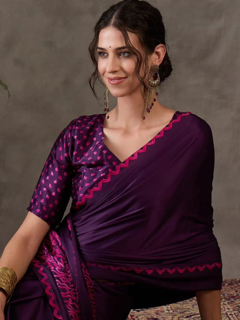 Purple Semi Modal Saree With Blouse Piece - EZBER