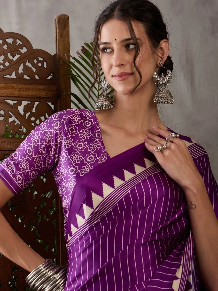 Purple Semi Modal Saree With Blouse Piece - EZBER