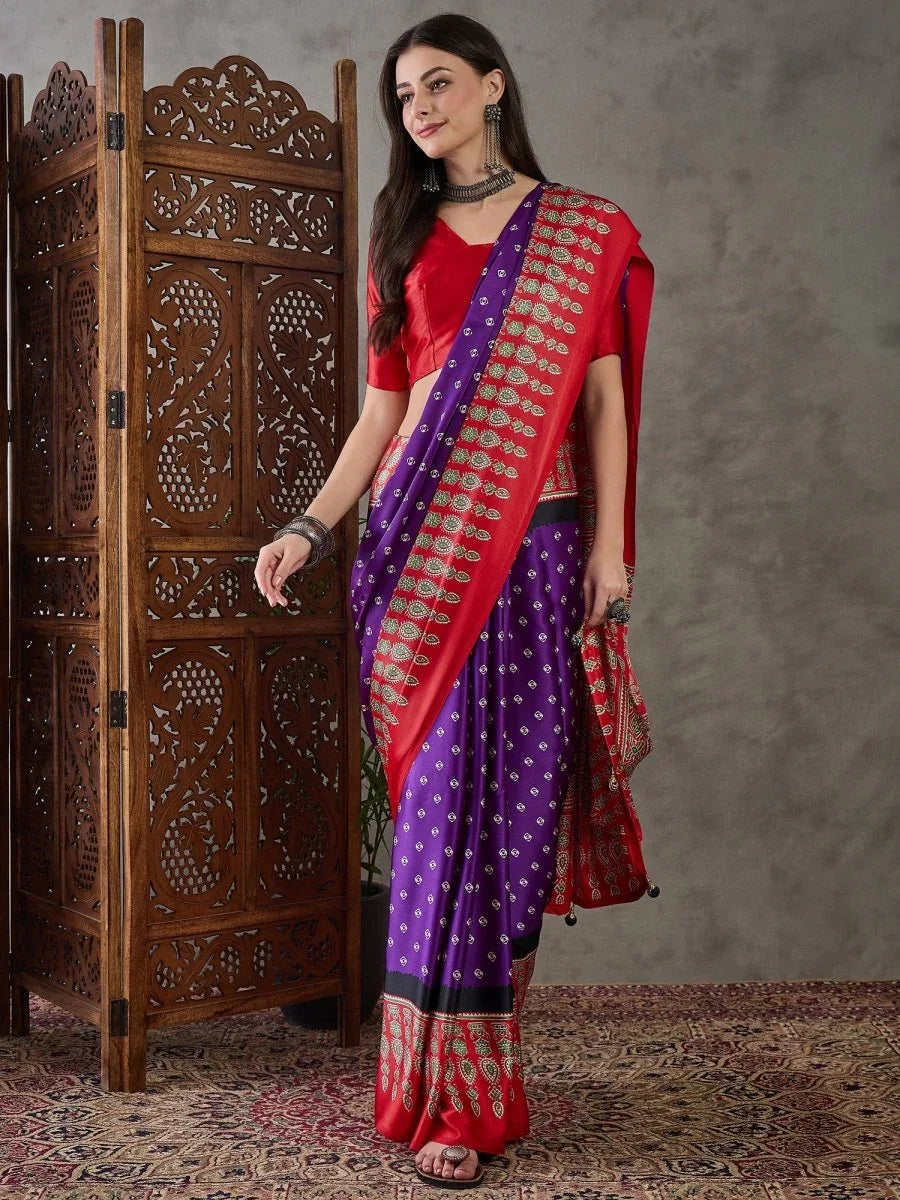 Purple Semi Modal Saree With Blouse Piece - EZBER