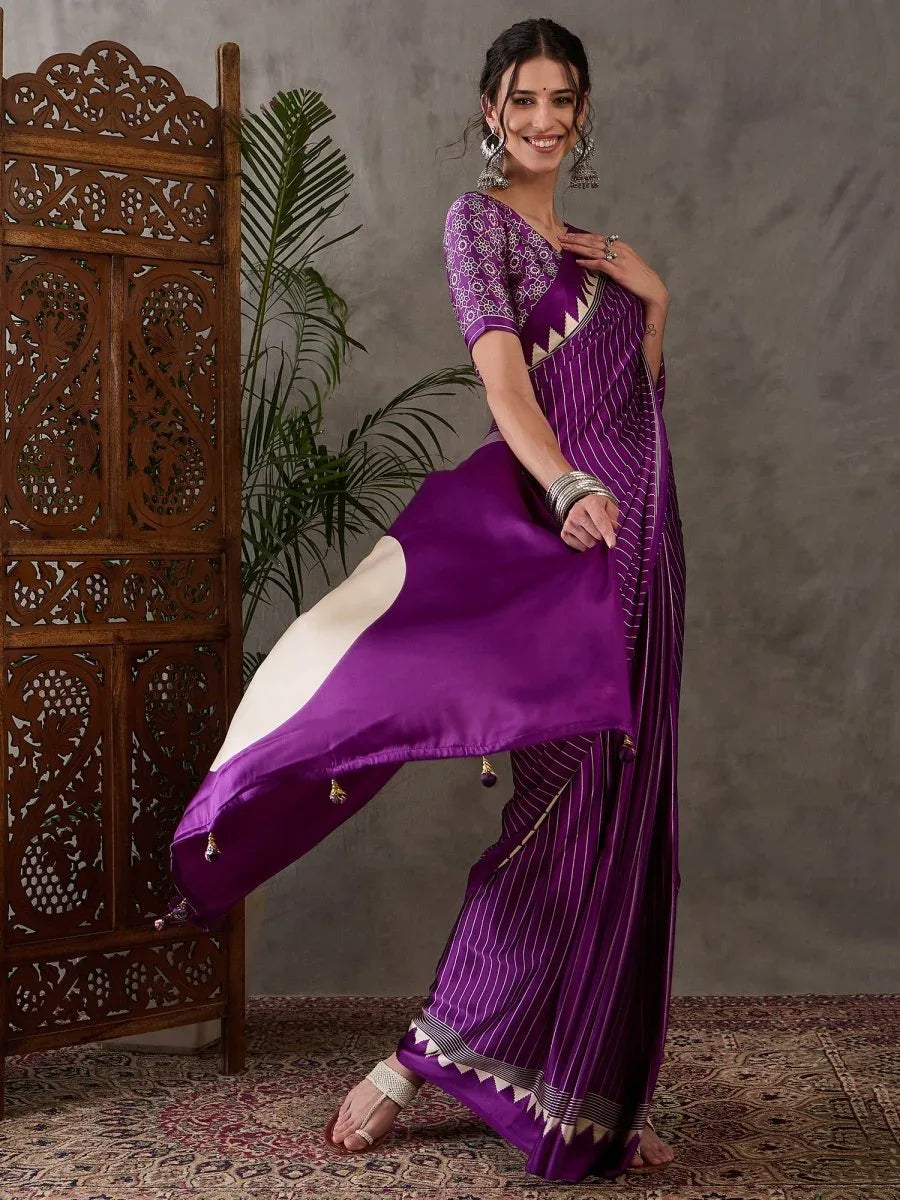 Purple Semi Modal Saree With Blouse Piece - EZBER