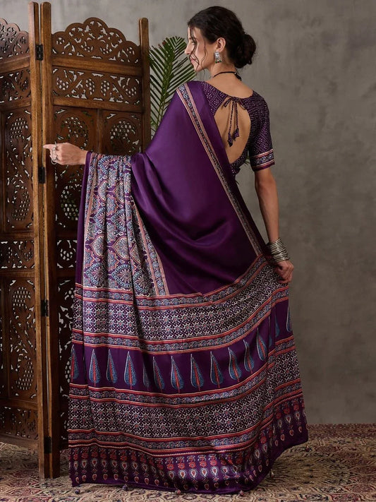 Purple Semi Modal Saree With Blouse Piece - EZBER