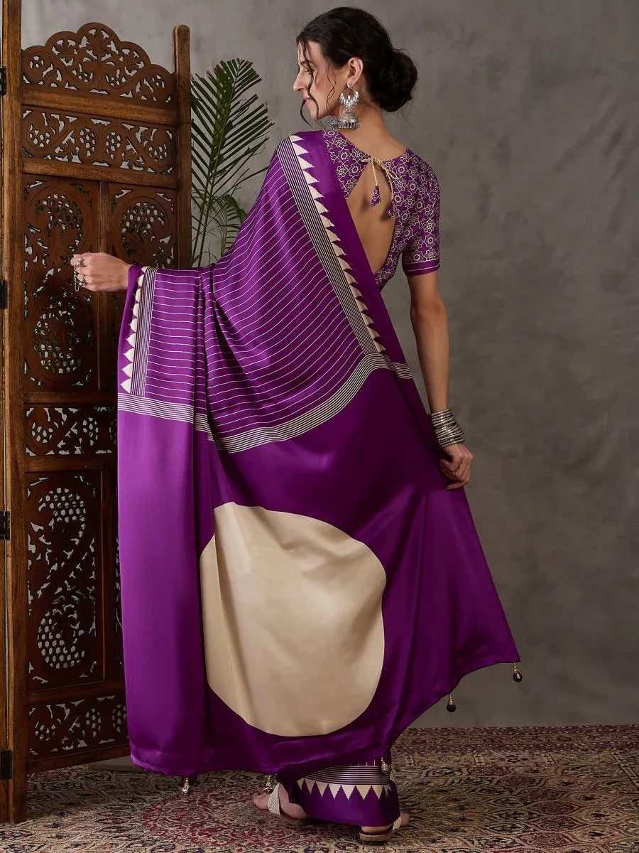 Purple Semi Modal Saree With Blouse Piece - EZBER
