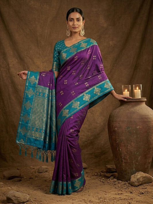Purple Silk Blend Handloom Saree | EZB SI04 SUMER1001 - EZBER