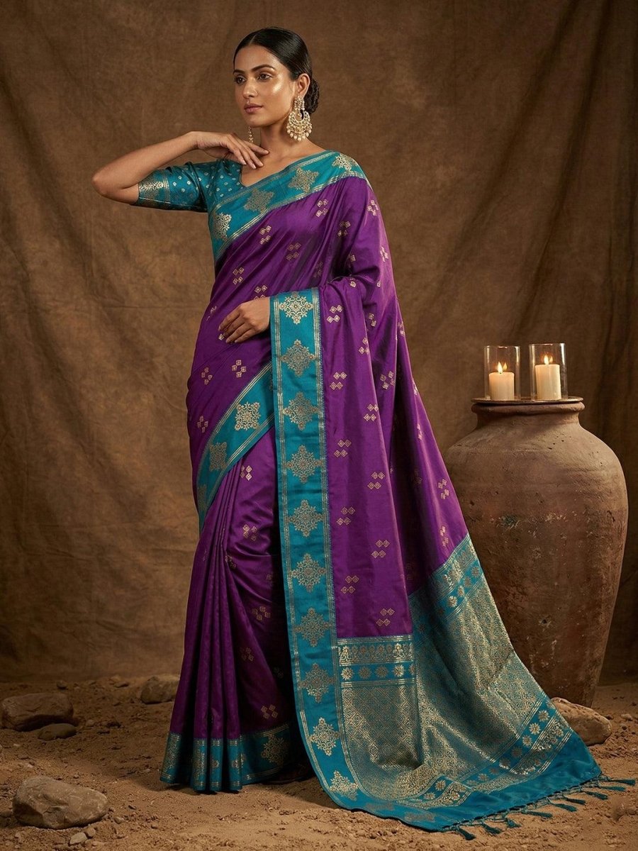 Purple Silk Blend Handloom Saree | EZB SI04 SUMER1001 - EZBER