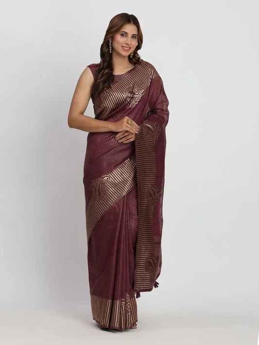 Purple TAARINI Linen Cotton Saree with Blouse Piece - EZBER