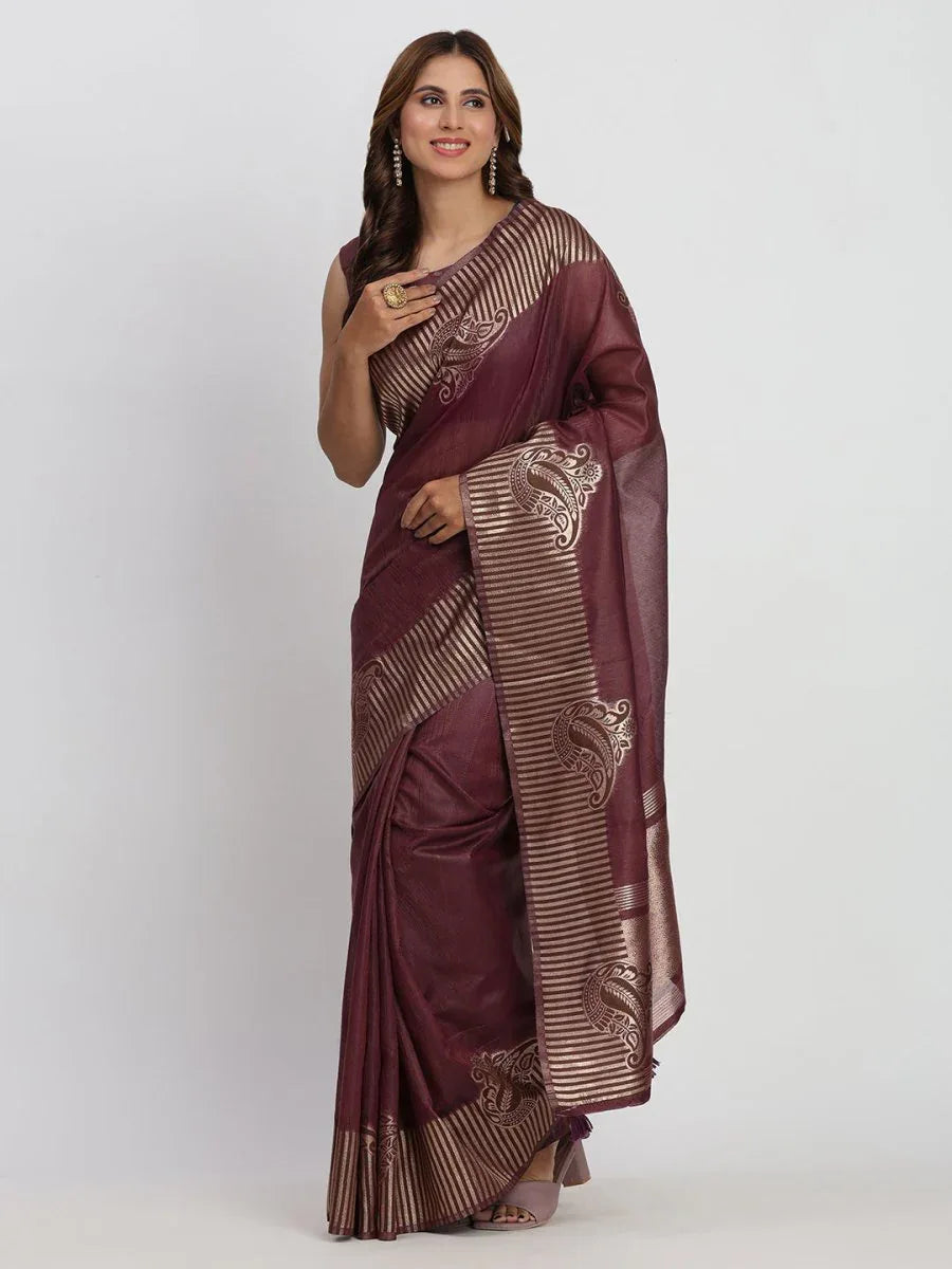 Purple TAARINI Linen Cotton Saree with Blouse Piece - EZBER