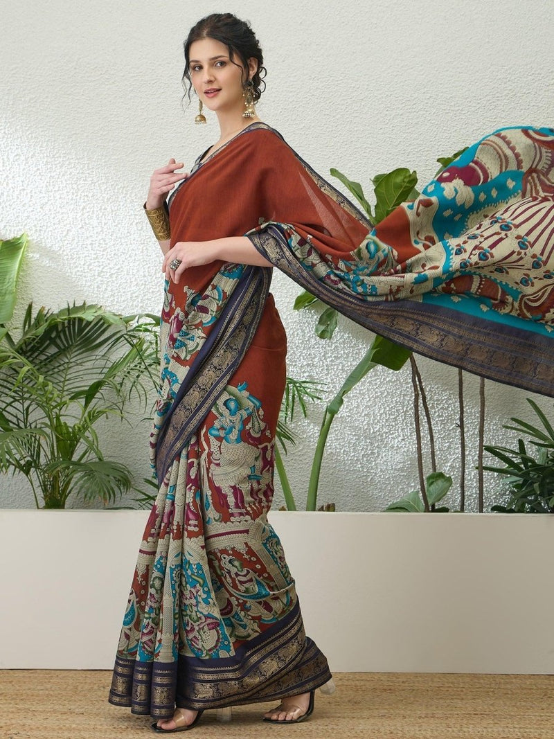 Pv Cotton Brown Printed Saree | EZB GF02 TARA V2 54005 - EZBER