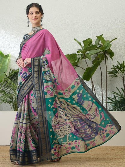 Pv Cotton Pink Printed Saree | EZB GF02 TARA V2 54001 - EZBER