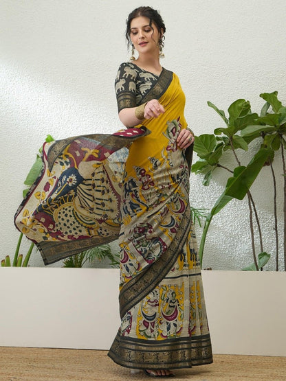 Pv Cotton Yellow Printed Saree | EZB GF02 TARA V2 54004 - EZBER