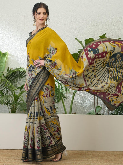 Pv Cotton Yellow Printed Saree | EZB GF02 TARA V2 54004 - EZBER