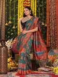 Rama Green Linen Cotton Saree With Blouse Piece - EZBER