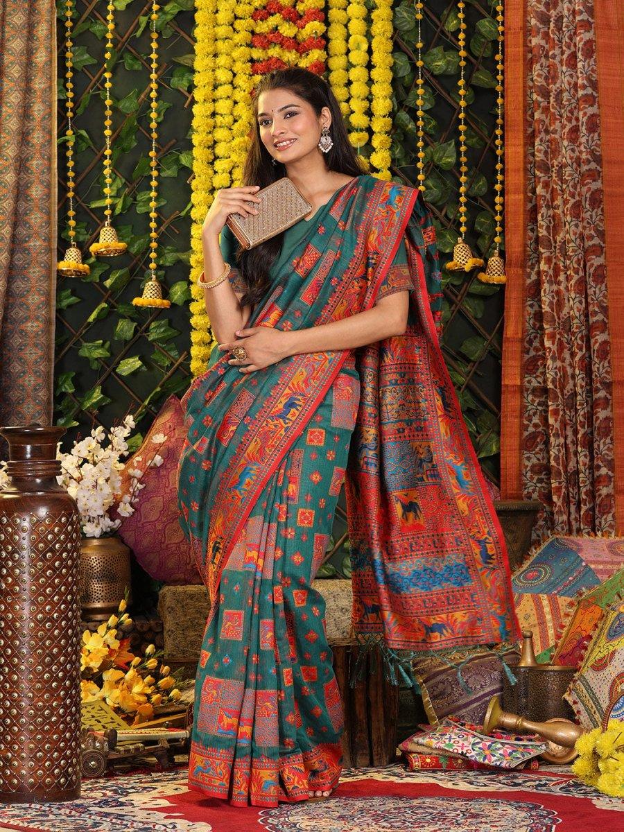 Rama Green Linen Cotton Saree With Blouse Piece - EZBER