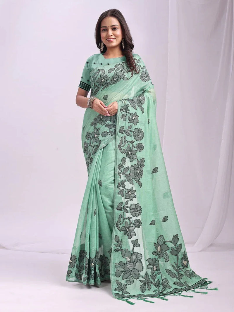 Rama Green Linen Cotton Saree With Blouse Piece - EZBER