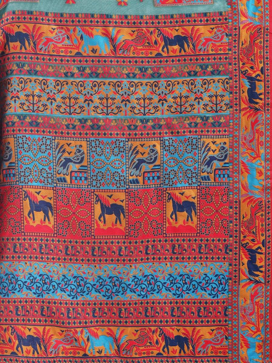 Rama Green Linen Cotton Saree With Blouse Piece - EZBER