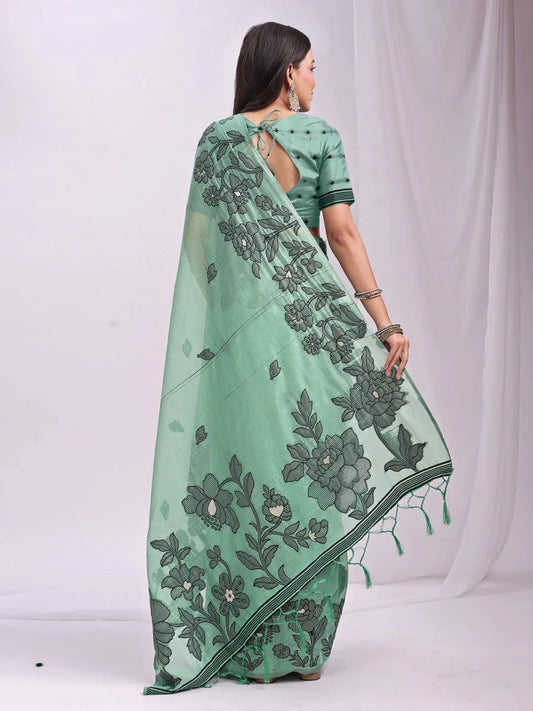 Rama Green Linen Cotton Saree With Blouse Piece - EZBER