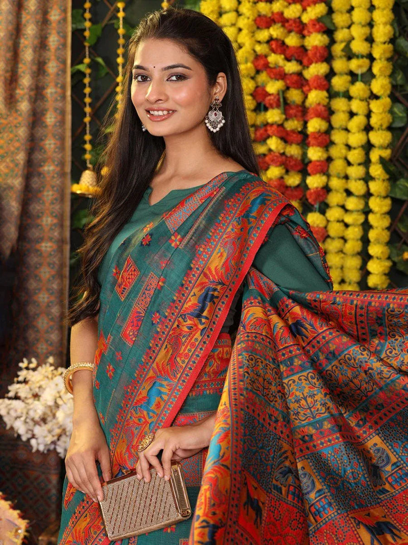 Rama Green Linen Cotton Saree With Blouse Piece - EZBER