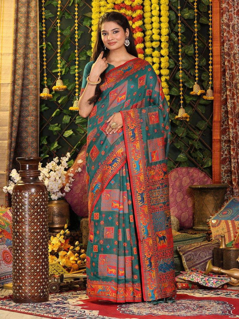 Rama Green Linen Cotton Saree With Blouse Piece - EZBER