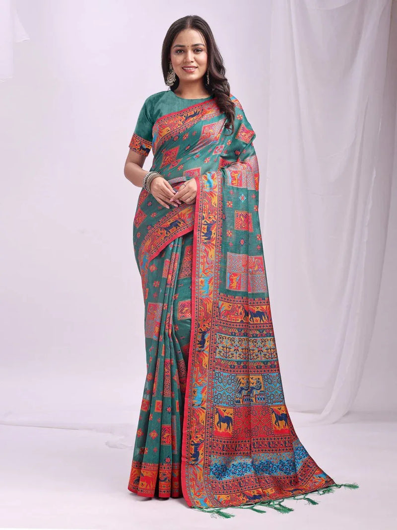 Rama Green Linen Cotton Saree With Blouse Piece - EZBER