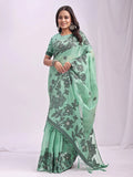 Rama Green Linen Cotton Saree With Blouse Piece - EZBER
