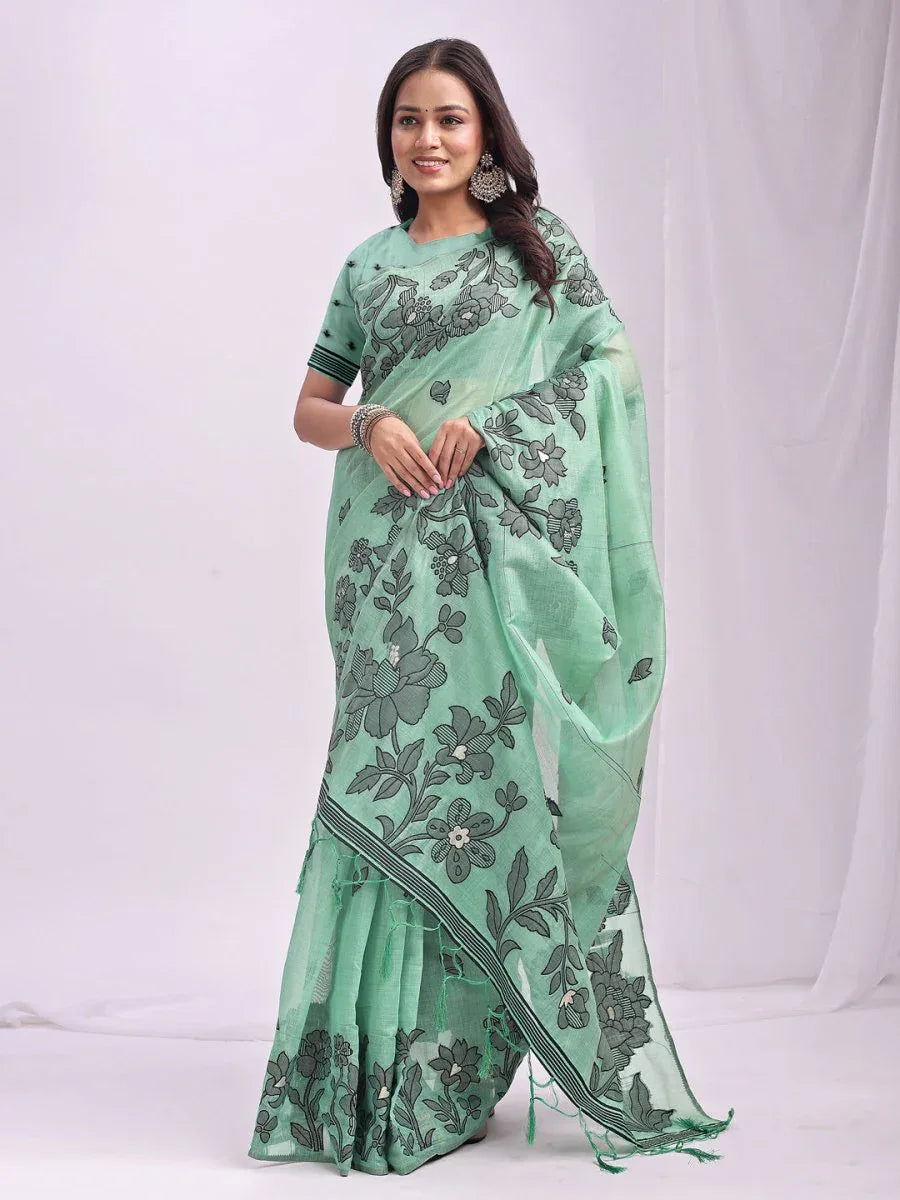 Rama Green Linen Cotton Saree With Blouse Piece - EZBER