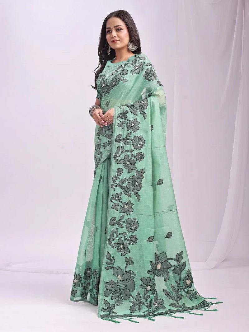 Rama Green Linen Cotton Saree With Blouse Piece - EZBER