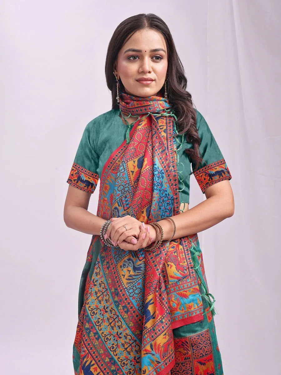 Rama Green Linen Cotton Saree With Blouse Piece - EZBER