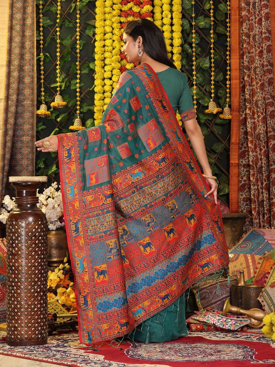 Rama Green Linen Cotton Saree With Blouse Piece - EZBER