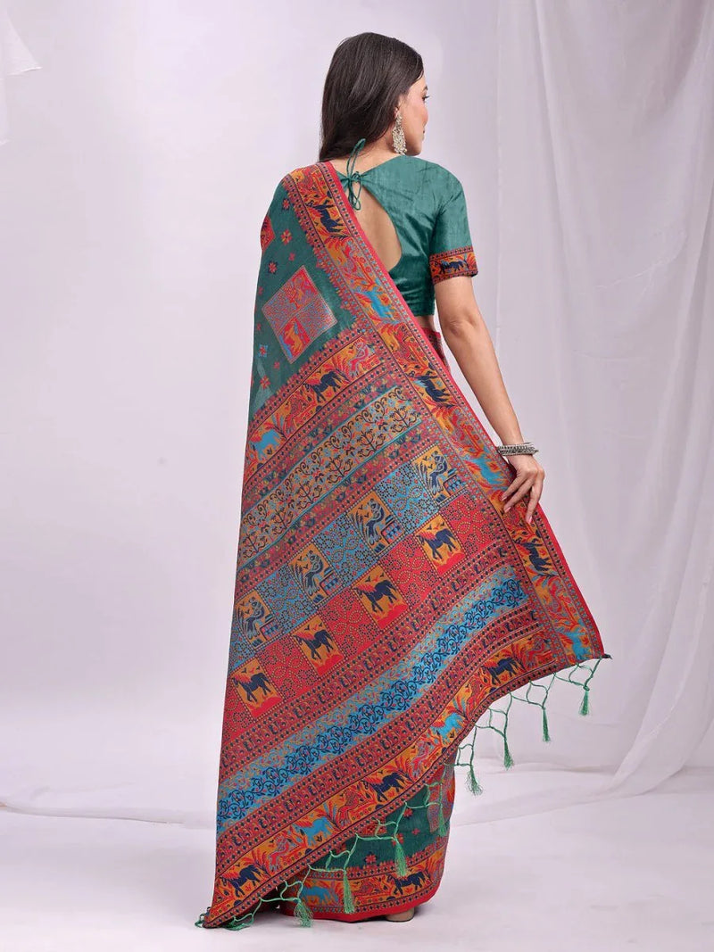 Rama Green Linen Cotton Saree With Blouse Piece - EZBER