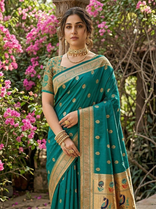 Rama Green Silk Blend Handloom Saree | EZB SI04 SUPAR1001 - EZBER