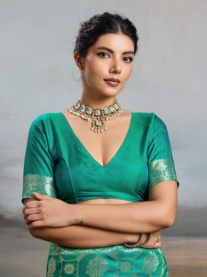 Rama Green Silk Blend Handloom Saree | EZB SI04 SURJW2005 - EZBER