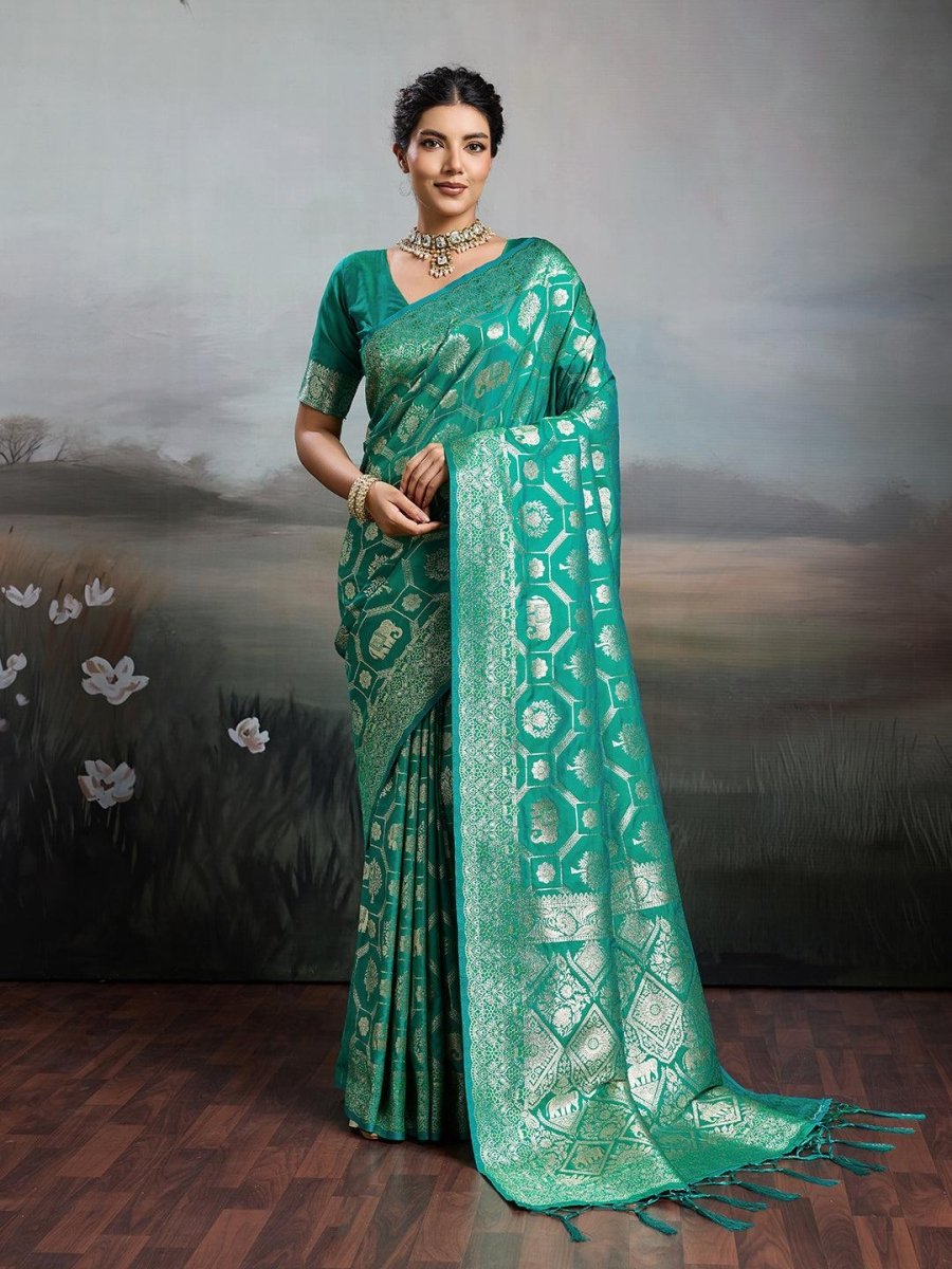 Rama Green Silk Blend Handloom Saree | EZB SI04 SURJW2005 - EZBER