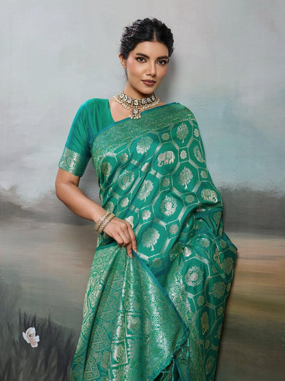 Rama Green Silk Blend Handloom Saree | EZB SI04 SURJW2005 - EZBER