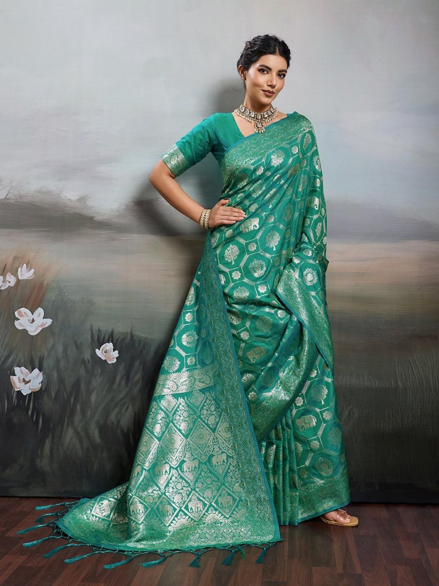 Rama Green Silk Blend Handloom Saree | EZB SI04 SURJW2005 - EZBER