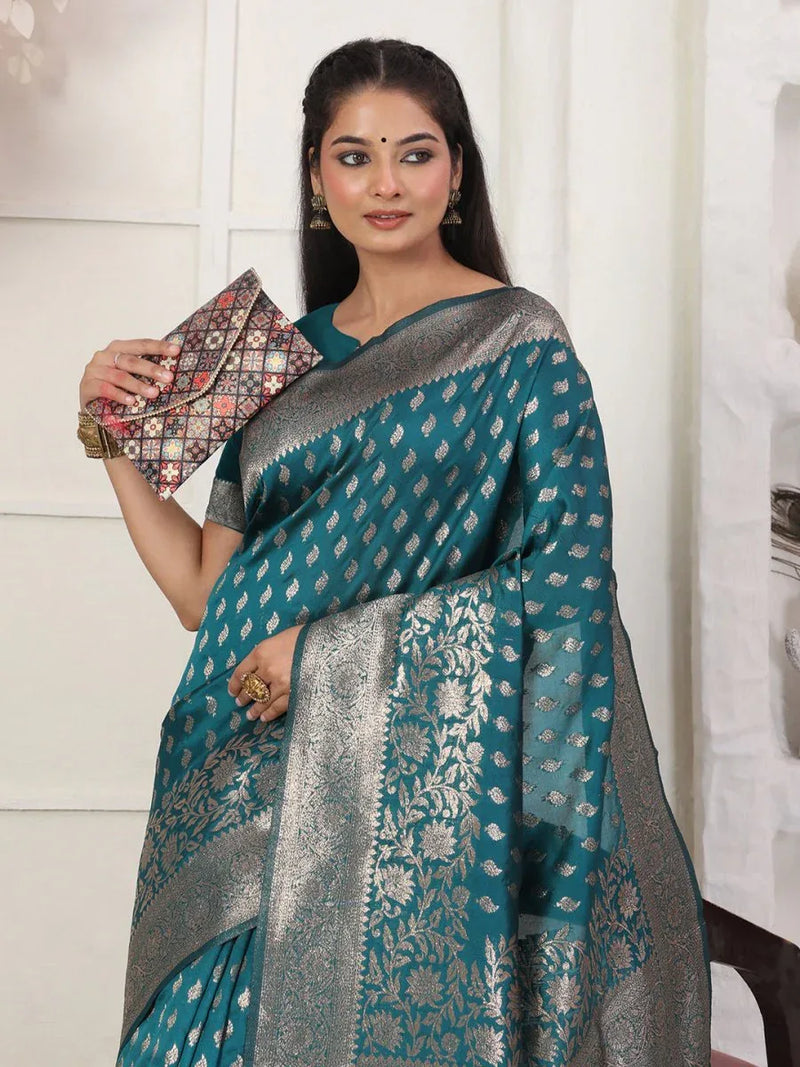Rama Lichi Silk Saree With Blouse Piece - EZBER