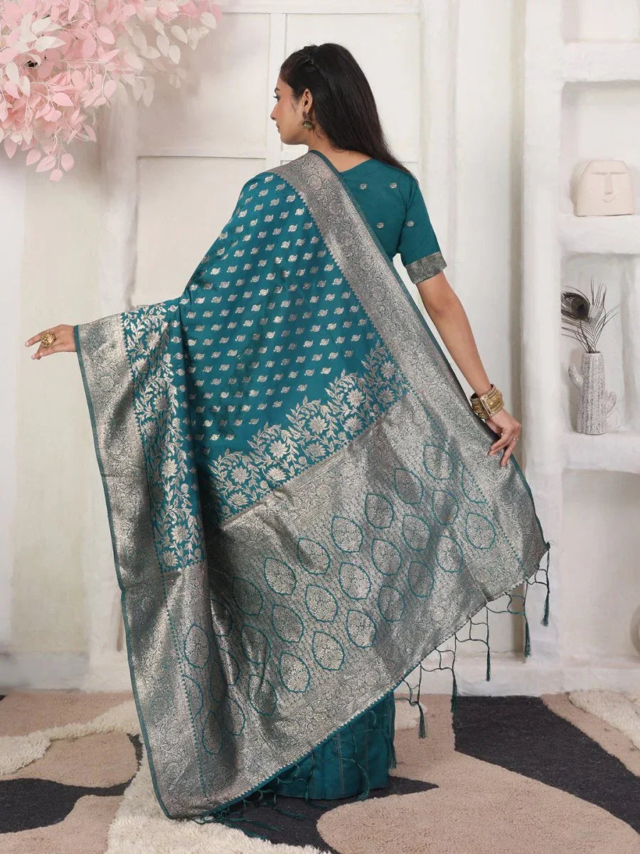 Rama Lichi Silk Saree With Blouse Piece - EZBER