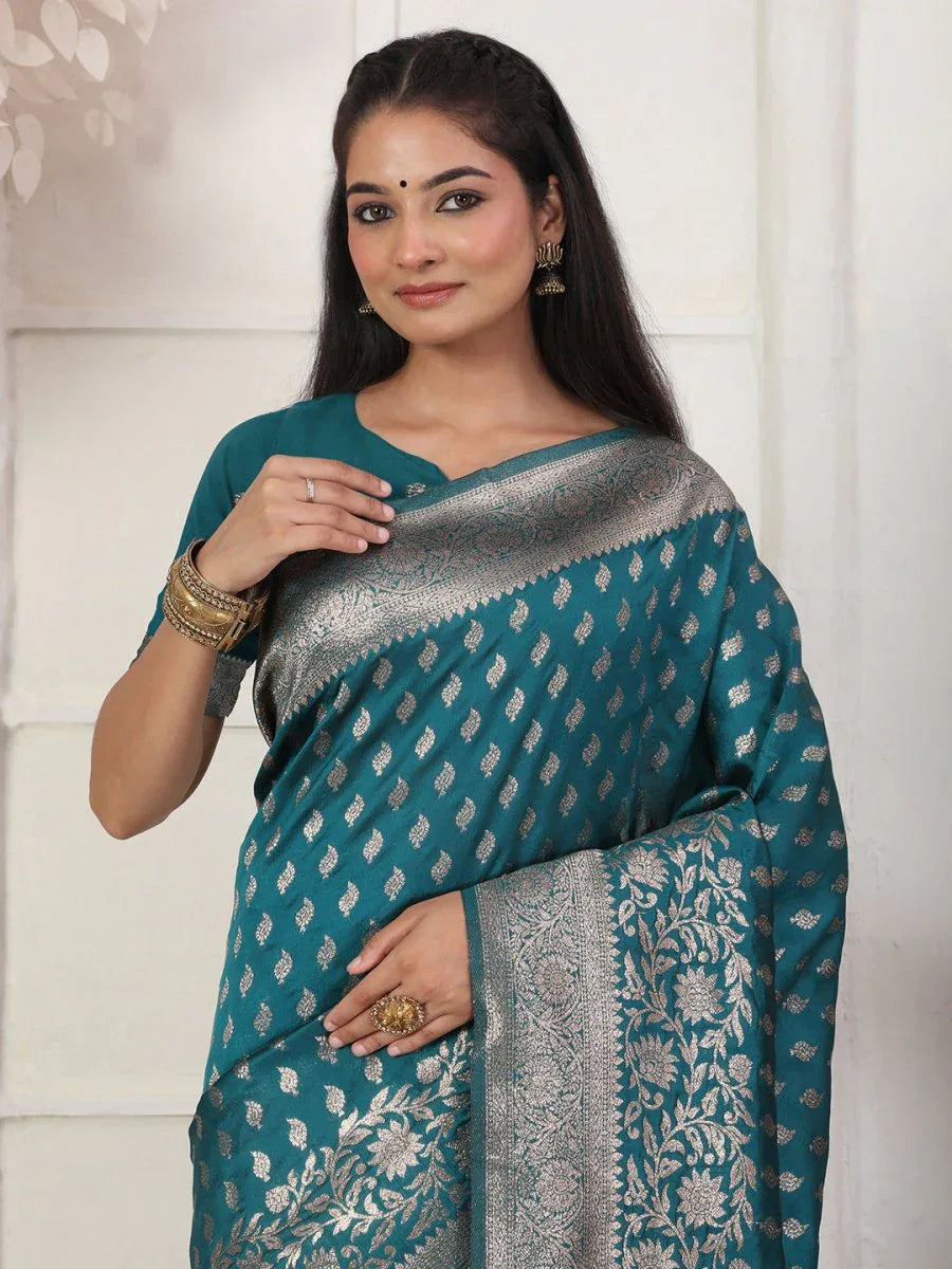 Rama Lichi Silk Saree With Blouse Piece - EZBER