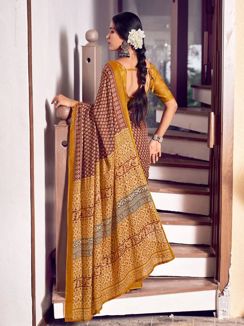 Red And Yellow Mulmul Cottons Saree With Blouse Piece - EZBER