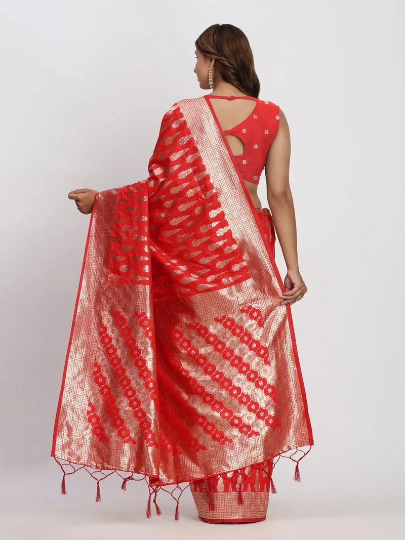 Red Banarasi Silk Saree With Blouse Piece - EZBER