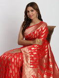 Red Banarasi Silk Saree With Blouse Piece - EZBER