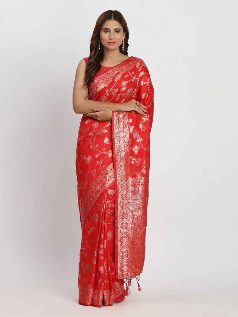 Red Banarasi Silk Saree With Blouse Piece - EZBER