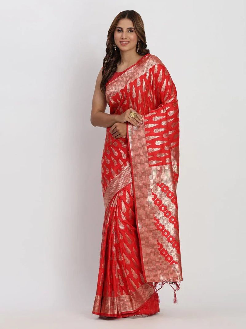Red Banarasi Silk Saree With Blouse Piece - EZBER