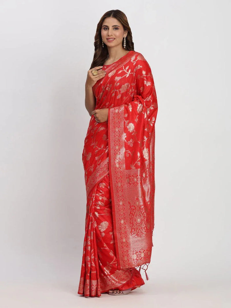 Red Banarasi Silk Saree With Blouse Piece - EZBER