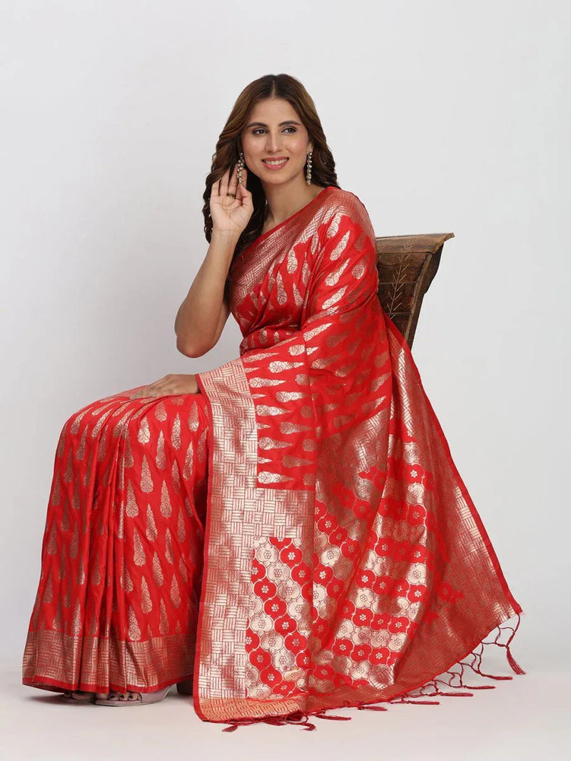 Red Banarasi Silk Saree With Blouse Piece - EZBER