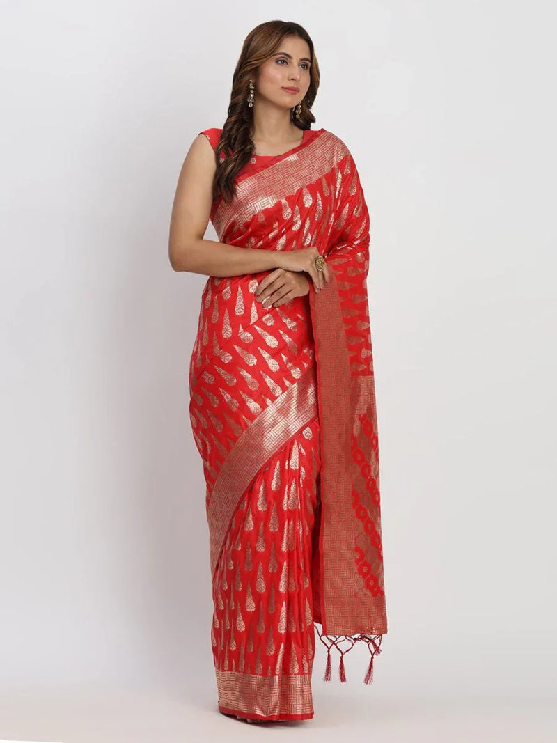 Red Banarasi Silk Saree With Blouse Piece - EZBER