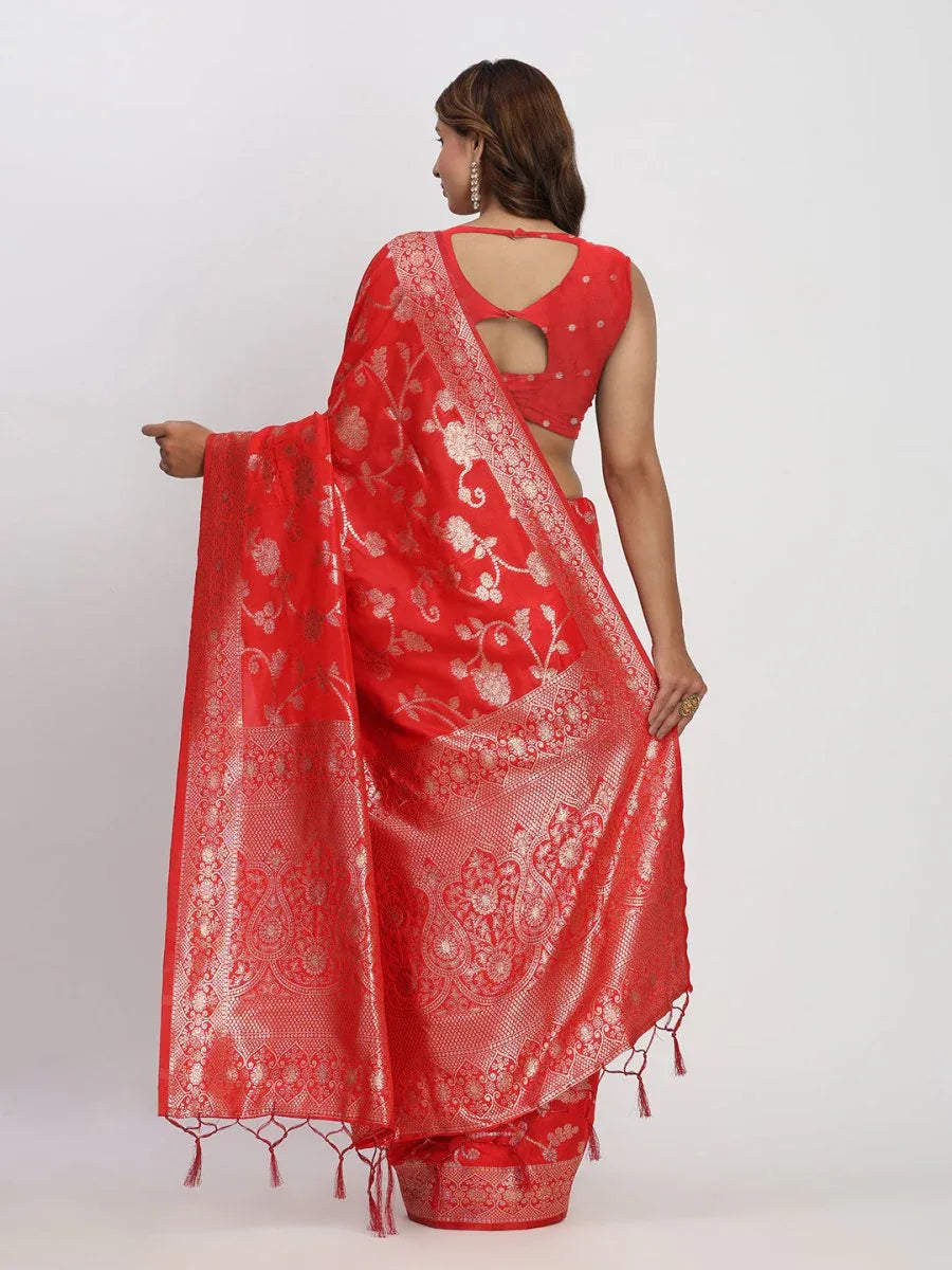 Red Banarasi Silk Saree With Blouse Piece - EZBER